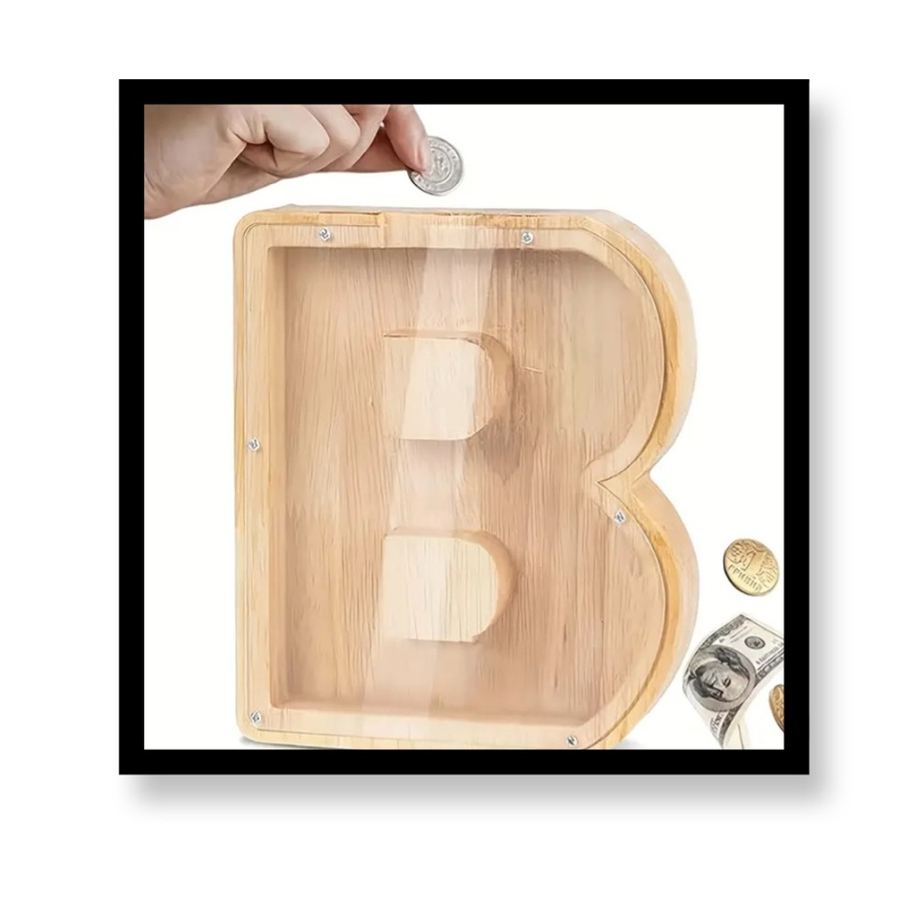 (New in Box)Wooden Coin Bank - Natural Brown